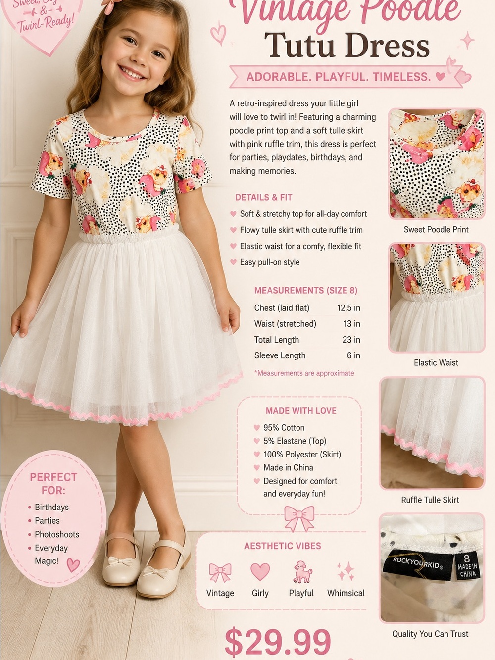 White & Pink Floral Dot Tulle Dress for Girls